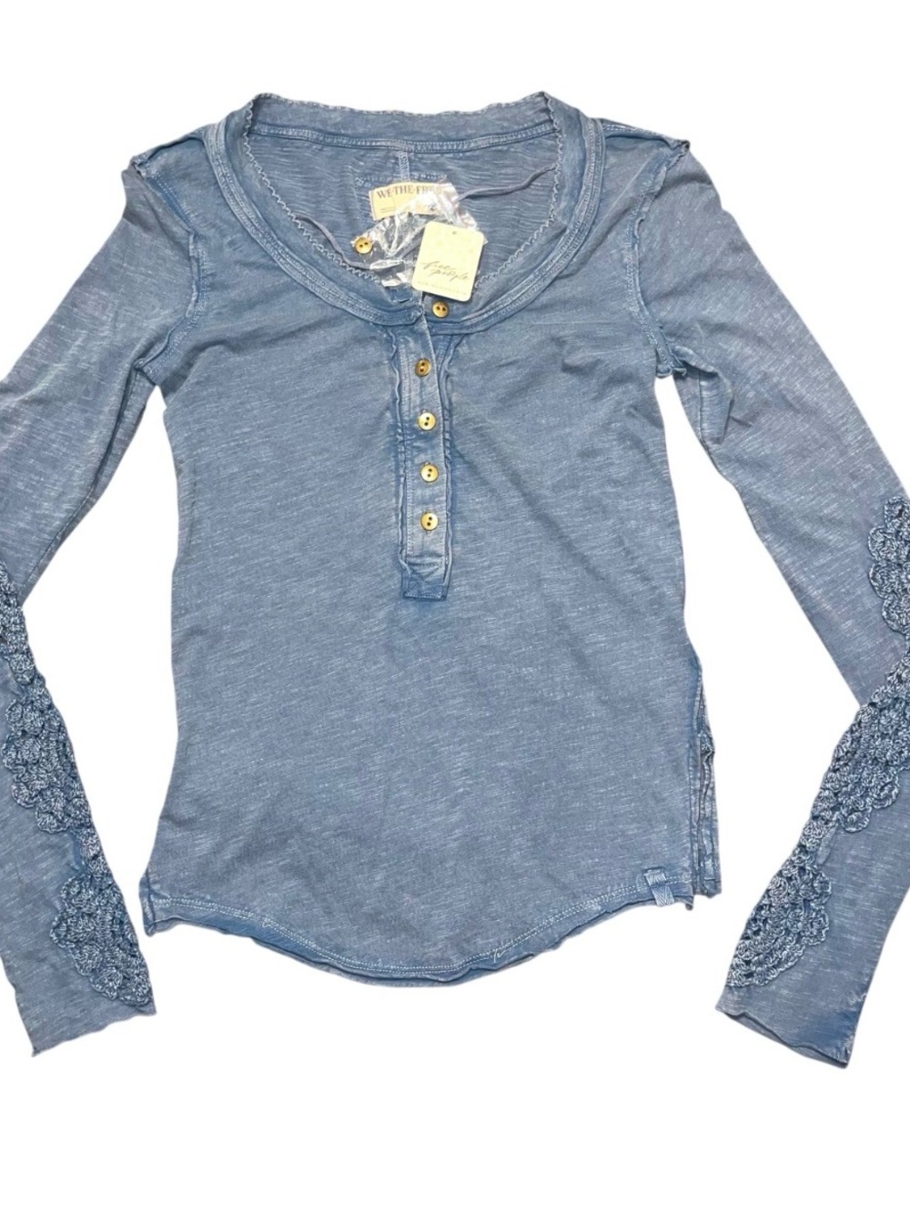 We The Free People Blue Long Sleeve Shirt Button Crochet Extra Small XS NWT